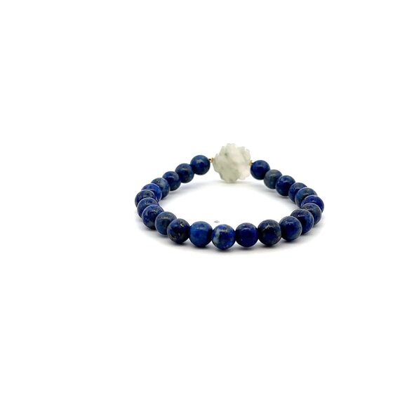 Natural Lapis Lazuli Gemstones Stretch Bracelet Jade Carved Flower with 18k Bead - Picture 4 of 5
